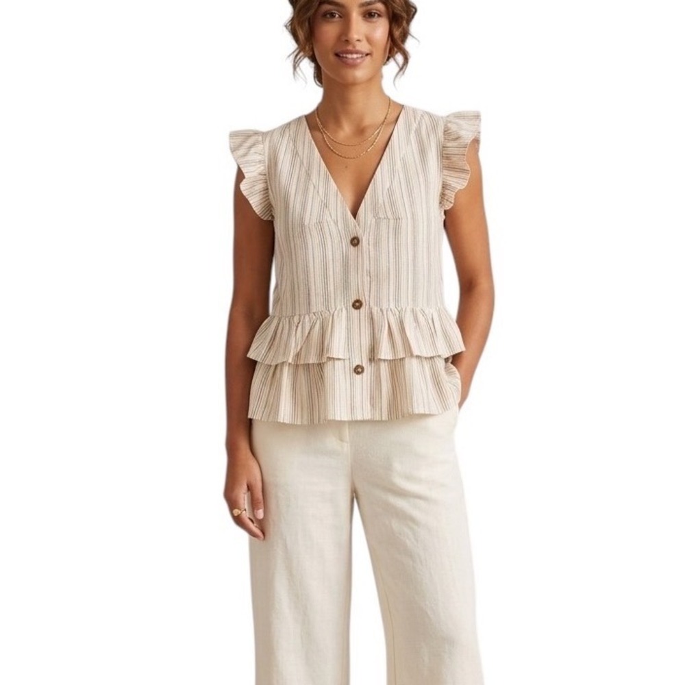 Karlie Striped Linen Cotton Ruffle Sleeve Peplum Button Front Top Womens Medium‎